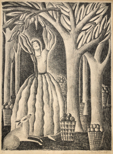 Woman Picking Apples with Faun, by Ilonka Karasz, Hungarian-Amer., (1896-1981)