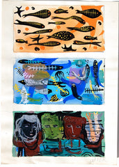 "Vertical Tryptich: (Fish, Fish, Heads)" by Gertrude Barrer, Amer., (1921-1997)