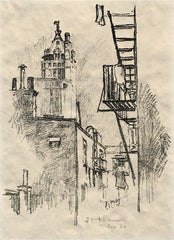 "Rooftops & Fire Escapes" by John Howard Benson, Amer., (1901-1956)