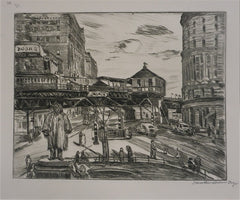 "Brooklyn Heights, Fulton St. El with Beecher Monument" by Mortimer Borne, Polish-Amer., (1902-1987)