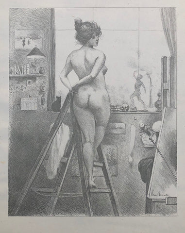 Female Nude On Ladder In Studio,  by Henri Boutet, Fr., (1851-1919)