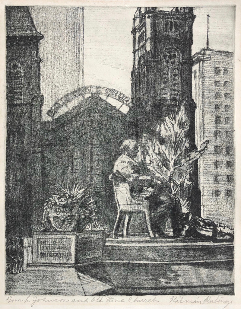 Tom L Johnson and Old Stone Church, by Kalman Kubinyi, Amer., (1906-1973)