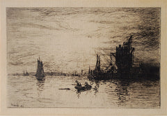 "Building an Elevator, Boats in Sunset Harbor" by J. C. Nichol, Amer., (1847-1918)