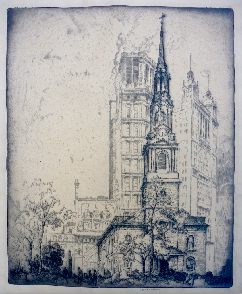 "St. Paul's Church, New York City" by Bror J. O. Nordfeldt, Swedish-Amer., 1878-1955)