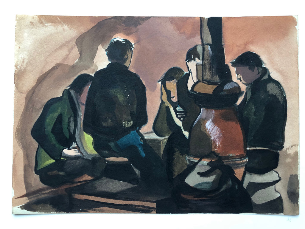 "Five Men and Wood Stove" by Sperry Andrews, Amer., (1917-2005)