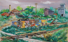 "Circus Came to Town (Circus Posters by Railroad Tracks)" by Aaron Bohrod, Amer., (1907-1997)