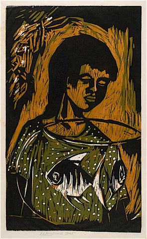 "Girl with Angel Fish" by Amos Langdown, South African, (1930-2006)