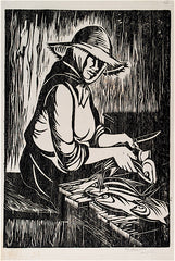 "Woman Preparing Fish" by Amos Langdown, South African, (1930-2006)
