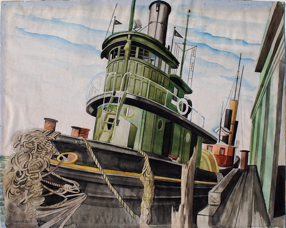 "Tugboat at the Pier (N.Y. Harbor)" by Leslie Joseph Powell, Amer., (1906-1978)