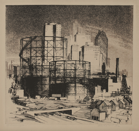 "Birmingham" (Gas Tanks and Skyline), by Richard Blauvelt Coe, (Amer.,1904-1978) 