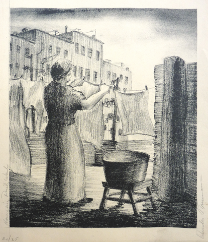 "Hanging Daily Wash", by  Charles Truman, Amer.,  (20th Cent.)