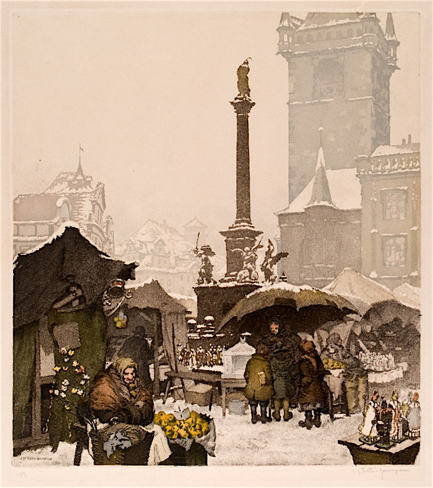 "Christmas Market in the Old Town Square" by J. Stretti-Zamponi, Czech.,(1882-1959)
