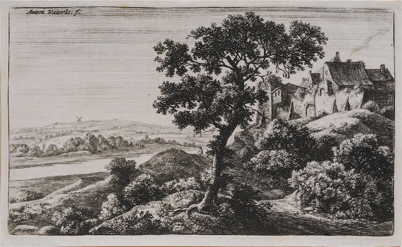 Anthonie Waterloo Village on a Hill, Large Tree and River