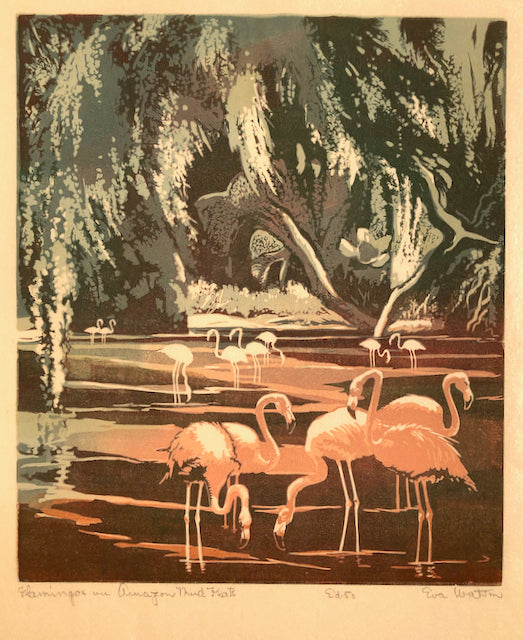 Flamingos On Amazon Mud Flats by Eva Auld Watson, Amer., (1889-1948)